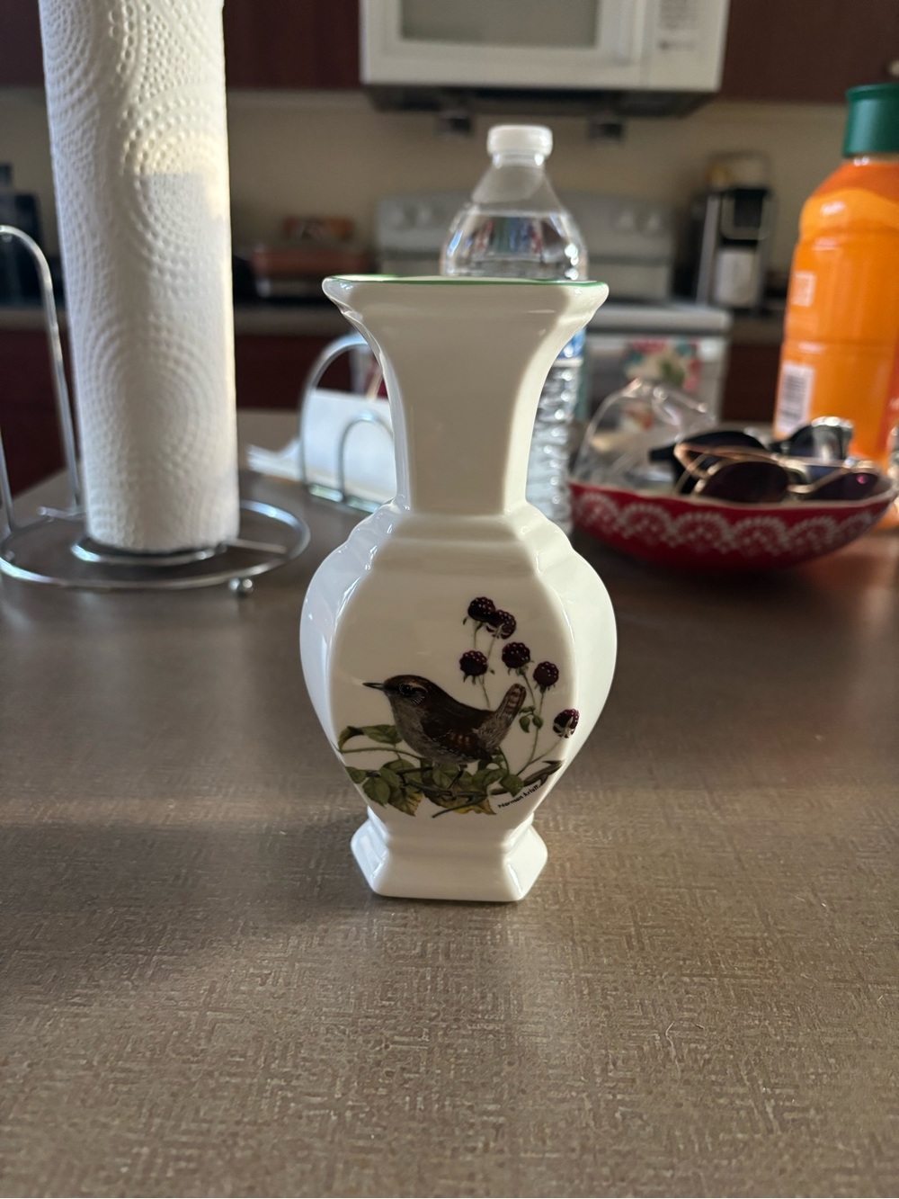 White Ceramic Bird Motif Accent Vase with Green Rim